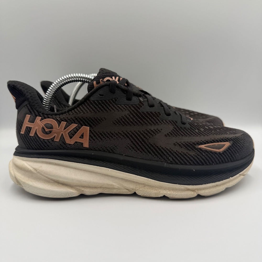 Hoka One One Clifton 9 Women Size 8.5 Running Shoes Sneakers Black Rose Gold